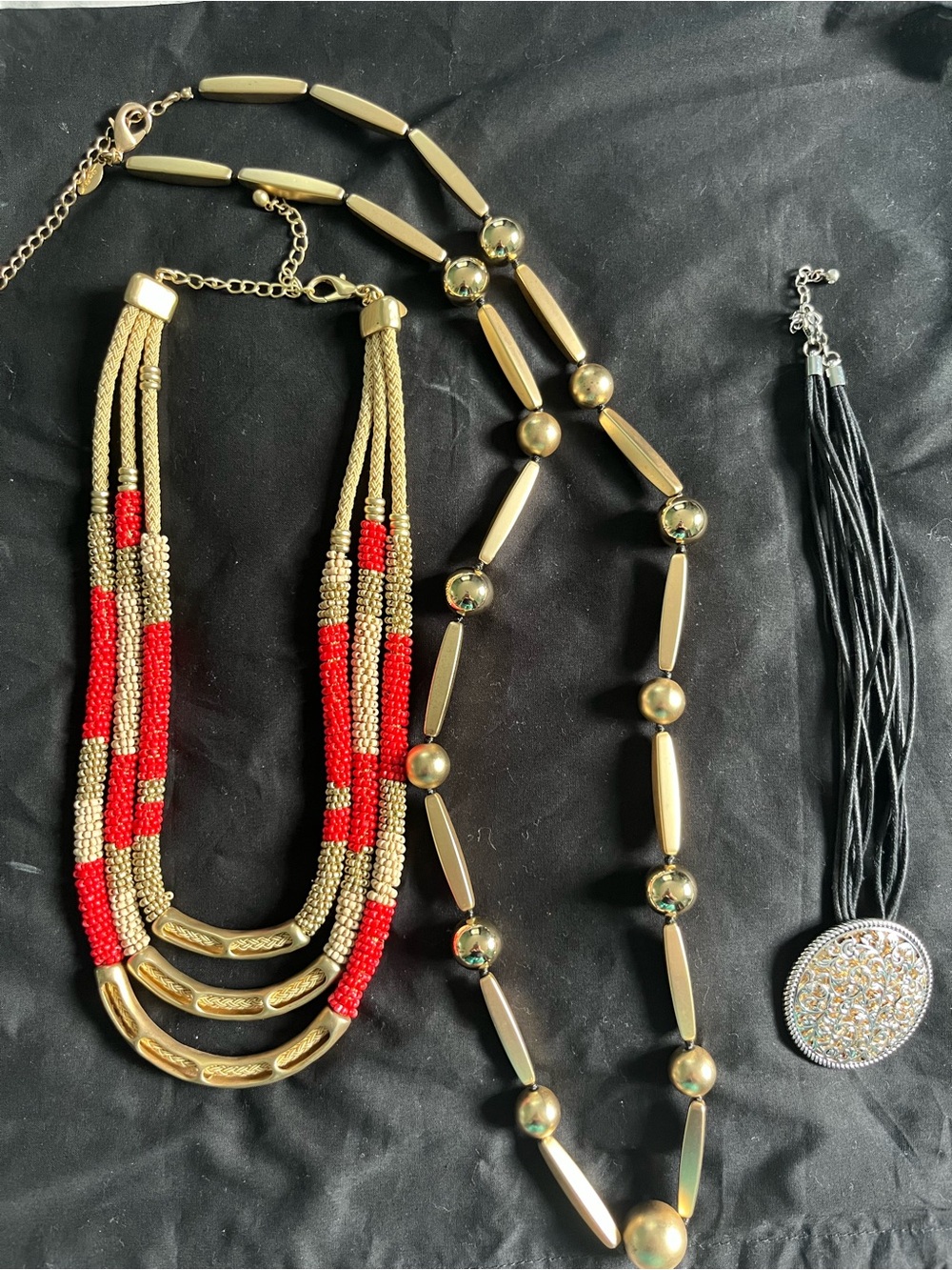 Chico's Red and Gold Beaded Multi-Strand Necklace
